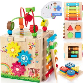 Bravmate Wooden Activity Cube, 8-in-1 Wooden Montessori Learning Toys for 18 M+ Toddlers, One Year Old First Birthday Gift, Baby Toy Set with Bonus Sorting & Stacking Board