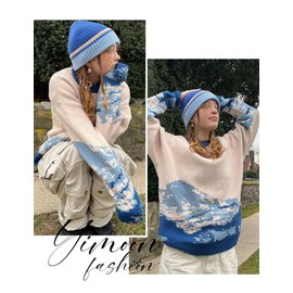 Yimoon Men Sweaters Oversized Graphic Casual Cable Knitted Jumper Pullover Cute Unisex Crewneck Retro Couple Tops (Blue-XL)