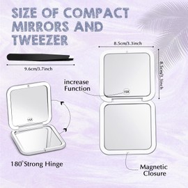 Geetery Travel Compact Magnifying Mirror with Tweezers, 1X/15X Magnification 3.35'' x 3.35'' Pocket Size Mirror Small Folding Makeup Mirror Handheld Portable for Travel and Purses(White)