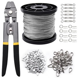 Wire Rope Set, 328ft 1/16 Inch Wire Rope Cable with 200pcs Crimping Sleeves 50pcs Thimbles 6pcs M4 Hook & Eye Turnbuckle and 8pcs Eye Screws for Railing, Decking, Hanging