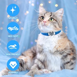 BINGPET Diamond Cat Collar,Adjustable Soft Velvet Leather Safe Kitten Collar with Crystal Heart Charm and Bells,Girl Boy Bling Stylish Cat Collars with Safety Elastic (Blue, Neck Girth 8"-10")