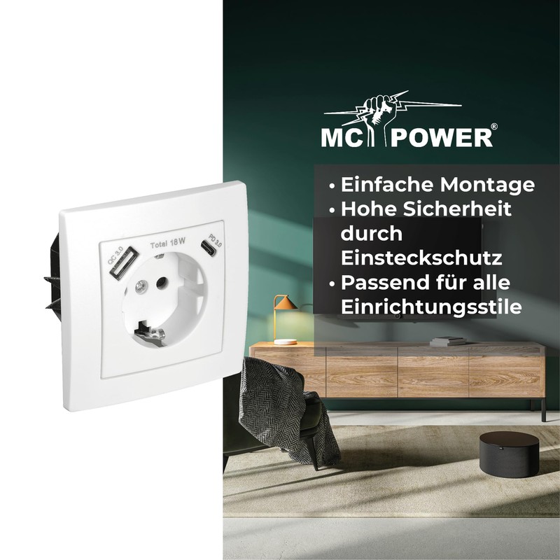 McPower Protective Contact Socket, 1 x USB-C 18 W Quickcharge,
