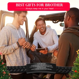 FLHEART To My Brother Gift Bracelet Inspirational Message Engraved Stainless Steel With Braided Leather Bracelet For Mens Never Forget That I Love You Engraved Adjustable