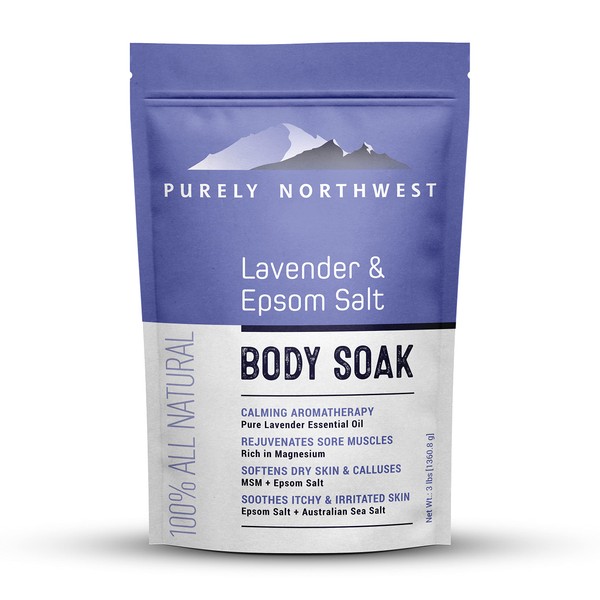 3 Pounds-Calming Lavender & MSM Foot & Body Soak with Epsom Salt-Relaxes Sore Muscles-Soothing Soak for a Good Night Sleep. Softens Dry Cracked Callused Skin-Made by Purely Northwest