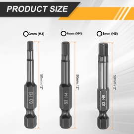 HARFINGTON 3pcs Flat Hex Head Drill Bit H3/H4/H5 Magnetic Tip 1/4" Hex Shank 50mm (2") Long Mirror Polished Metric Hexagonal Screw Driver Screwdriver Bit Wrench Electric Power Tool