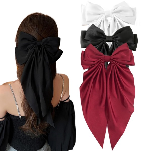 Ypkia 3 pezzi fiocco per capelli da donna in raso con grande fiocco in tessuto francese, clip per capelli per donne e ragazze (nero, rosso, bianco)