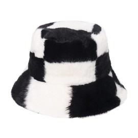 PURFANREE Women's Milk Cow Print Faux Fur Bucket Hat Fluffy Winter Warmer Fisherman Cap, Checked, One Size