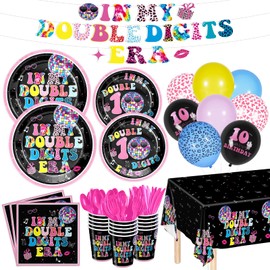 Girl's 10th Birthday Party Supplies Plates Napkins Birthday Decorations In My Double Digits Era Tablecloth Banner Balloons Paper Disposable Cup Double Digits Decorations Serve 24 Guests