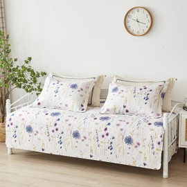 Jarson 3 Pcs Floral Daybed Cover Set Twin Size Purple White Flower Sofa Cover Bedding Sets Double Side Bed Set for All Season Botanical Pattern Daybed Quilt Set with Pillow Shams
