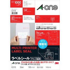 【Adjustable Label】A-One Label Sticker, Easily Adjustable to Desired Position, Easy to Remove, A4 10 Sided with Margins on 4 Sides, 100 Sheets 43110