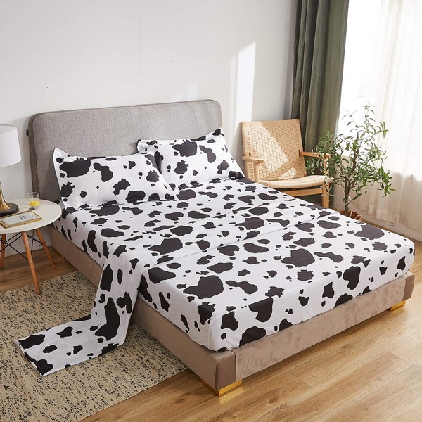 Mengersi Cow Kids Sheet Set Twin Size - Bed Sheets - Black White Cow Sheets - Deep Pockets - 1 Fitted Sheet, 1 Flat, 1 Pillow Case - 3 Piece