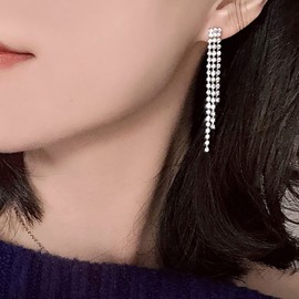 Yienate Long Tassel Crystal Drop Earrings Silver Pave Rhinestone Chandelier Dangle Earrings Wedding Brial Crystal Tassel Earrings Statement Crystal Dangle Earrings Jewelry for Women and Girls