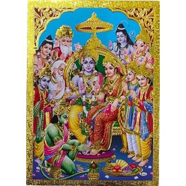 Rastogi Handicraft Best Of Indian Reprint Hindu God Poster/Picture with Golden Foil Unframed (Ram-Ji-Darbar-7"X5")