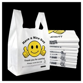 JINYONBAG Thank You Plastic Bags with Handles 11.5 x 6.5 x 21″, 0.55 Mil HDPE T-Shirt Grocery Bags, Smiley Thumbs Up Design, Semi-Transparent White, 50 Count, Plastic Shopping Bags for Small Business