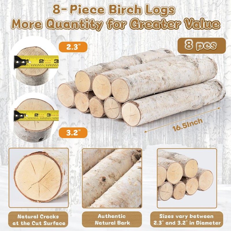 8 Pack Birch Logs (2.3"-3.2" Dia) Birch Wood for Halloween