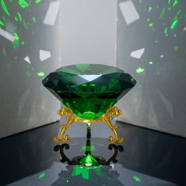SWTHONY 80mm(3.15 inch) Green Crystal Diamond Paperweight, Diamond Backgrand for Nail Pictures, Hedgehog Chaos Emerald, Big Fake Diamond with Gold Metal Base (Green, 80mm)
