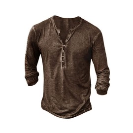 Mens Distressed Henley Shirts Front Placket Retro Long Sleeve Tee Shirts Casual Button Down Washed T-Shirts for Men Brown