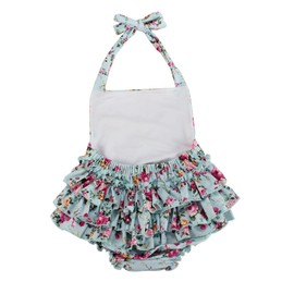 China Rose 50's Floral Ruffles Rompers Backless Dress Bathing Suit Swimwear (12-24 Months,Light Blue)