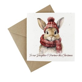 Winter Bunny Daughter & Partner Christmas Card - Cute Family Xmas Cards - Eco Friendly Wildflower Plantable Seeded Greetings Card