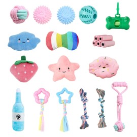 21 Pack Pink Small Dog Toy Pack, Poop Bag Holders for Leashes, Dog chew Ball, Rope Dog Toy, Treat Ball for Dogs, Rope Toys for Small Dogs, Squeaky Plush Toys, Puppy Teething Toys