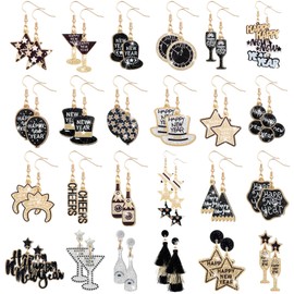 Remuuly 24 Pairs Happy New Year Earring for Women Champagne Bottle Glitter Star Hat Clock Dangle Earrings Holiday Jewelry Gifts for Festive Party Jewelry Gifts