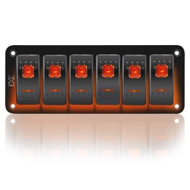 FXC Rocker Switch Aluminum Panel 6 Gang Toggle Switches Dash 5 Pin ON/Off 2 LED Backlit for Boat Car Marine Orange