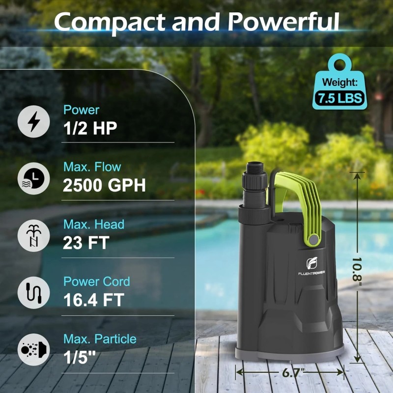 FLUENTPOWER 1/2HP Submersible Sump Pump 2500GPH with Accessories