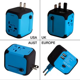 Milool Universal Travel Adapter with 2 USB Ports US, EU, UK, AU Sockets for 150 Countries and Regions Applicable to Tablets, Smartphones, Digital Cameras, MP3 Players, Blue