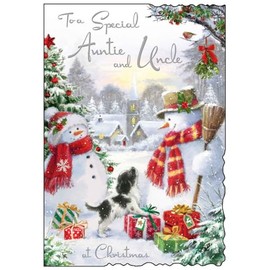 Auntie and Uncle Christmas Card - Snowmen and Puppy - Artistic Festive Design - Special Finishes and Illustrated Insert Leaf - Made in the UK