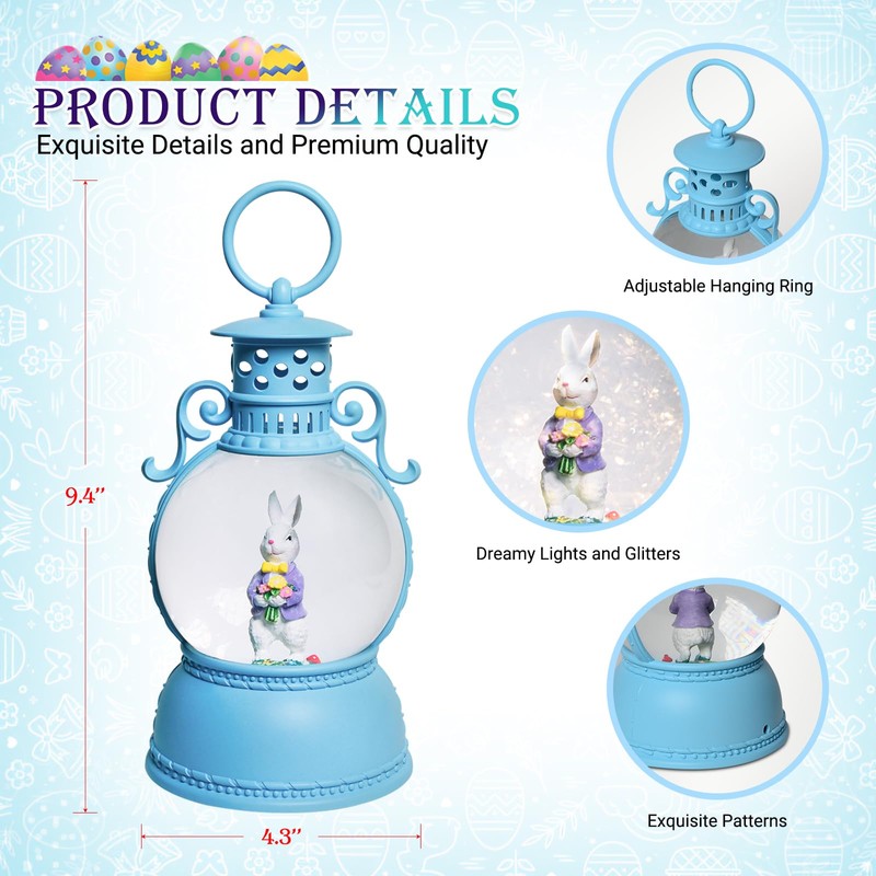 Easter Snow Globe, 9.4" Bunny Snow Lanterns with 6Hr Timer,