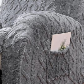 4 Pieces Recliner Chair Covers, Geometric Jacquard Plush Recliner Slipcovers, Couch Sofa Covers, Soft Fuzzy Fluffy Anti-Slip Furniture Protector for Kids Cats Dogs Elastic Bottom (Grey,1 Seat)