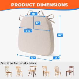 Sunsleek Chair Cushions for Dining Chairs, D-Shaped Seat Cushions with Removable Washable Cover and Ties, Chair Pads for Kitchen, Indoor Dining Room, Patio Chairs, 17'' x 16'', Set of 2, Beige