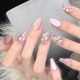 Pure Handmade Nails Press on Nail Reusable Fake Nails Pink&Purple Cat'sEye Rhinestones Bling Bling Nude Medium Stick on Nails French Tip False Nails 10pcs (S, Q268)