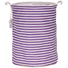 Sea Team 19.7 Inches Large Sized Waterproof Coating Ramie Cotton Fabric Folding Laundry Hamper Bucket Cylindric Burlap Canvas Storage Basket (19.7", Purple & White Stripe)