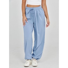 Dokotoo Womens Summer Pants Long Smocked Runching Drawstrings High Waisted Adjustable Ankle Elegant Boho Trousers Loose Joggers Fall with Pockets,Myosotis Small