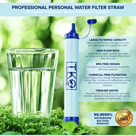 TKO Outdoor Water Filter Straw - Professional Personal Water Filter Straw with Pouch & Extension Tube | Portable Filtration Systems for Hiking, Camping, Travel and Emergency Preparedness | Multi-Function Survival Gear