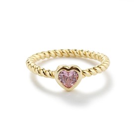 Precious Pieces 14K Gold-Plated Twisted Rope Band Baby Ring with Pink October CZ Birthstone Heart for Toddlers, Kids, Little Girls and Pinky Jewelry for Teens and Women (Size 5)