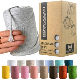 MeriWoolArt® Macrame Yarn Grey - Macrame Yarn 3 mm Coloured 200 m - Super Soft Yarn, Single Twist Macrame Cord - Oeko-Tex 100% Recycled Cotton Yarn Coloured - DIY Boho Decorative Macrame
