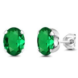 Gem Stone King 925 Sterling Silver Green Simulated Emerald Stud Earrings For Women Men (2.00 Cttw, Oval 8X6MM)