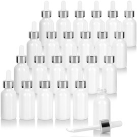 JUVITUS 1 oz High Shine Gloss White Glass Boston Round Bottle with Silver Metal and Glass Dropper (24 pack) BPA Free Refillable Empty Storage Containers