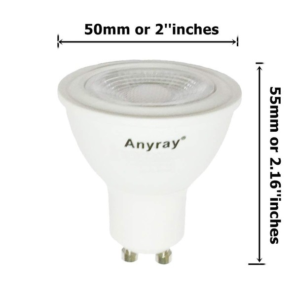 2-Bulbs Anyray GU10 LED Light Bulbs, 5 Watt, (50W Equivalent), 45° Beam, 120 Volts, Dimmable, Recessed Lighting, LED Spotlight Bulbs (Warm White 2700K)