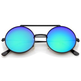 zeroUV Mid Size Flip-Up Colored Mirror Lens Round Django Sunglasses 49mm (Black/Green Mirror)