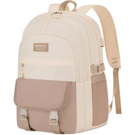 KROSIAS School Backpack for Teen Girls Women, Lightweight Cute Bookbag Large 15.6 Inch Laptop Bag for High School College Students - Khaki Beige