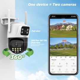 ENSTER 2K Outdoor Surveillance Camera, WiFi with Dual Lens, Dual View, PTZ IP Camera, Outdoor Car Tracking, Camera WiFi with Person Detection, Colour Night Vision, 360 Degrees, Compatible with Alexa