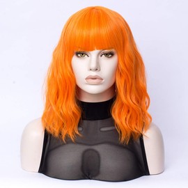 Qaccf Short Curly Women Wavy Bob Wig with Full Bang Shoulder Length Girls Bob Wig (Orange)
