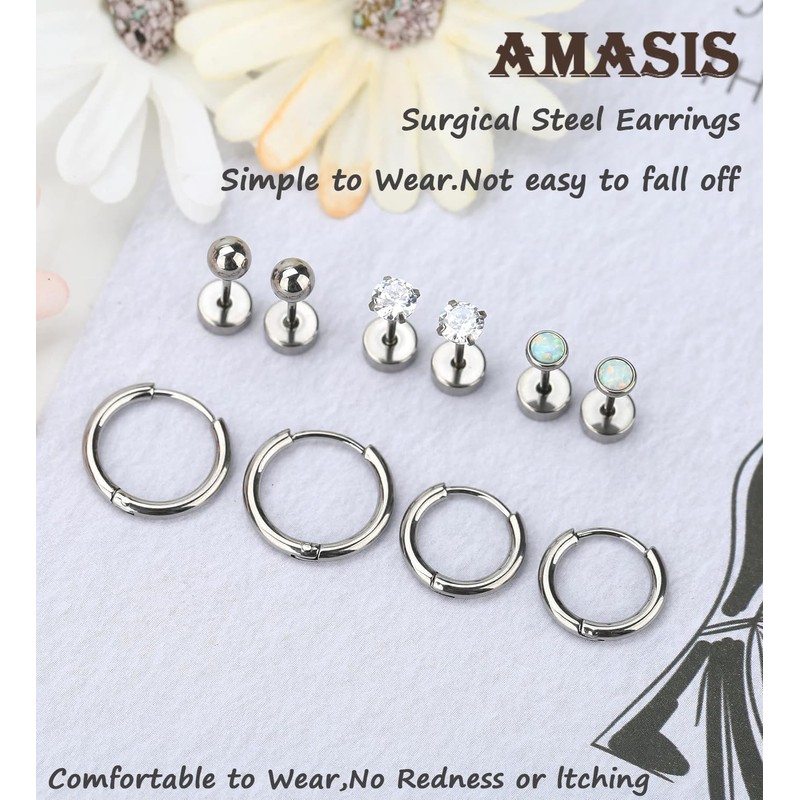 Silver Flat Back Stud Earrings Sets for Women Men,Hypoallergenic 20G