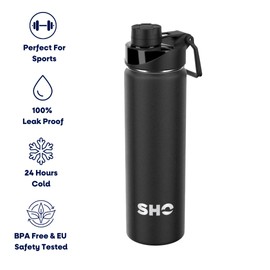 SHO Stainless Steel Sports Water Bottle - Leak Proof, BPA Free, No Sweat, Vacuum Insulated Double Walled Metal Flask - 12 Hours Hot 24 Hours Cold (660ml Jet Black)