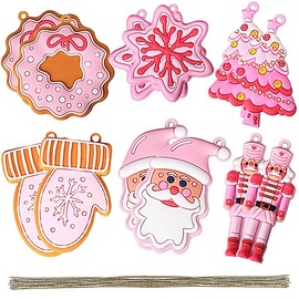 12pcs Christmas Pink Hanging Ornaments Christmas Tree Decorations Cute Santa Claus Snowflake Wreath Nutcracker Design Christmas Tree Ornaments for Home Holiday Party Decoration Supplies 3 Inch Tall