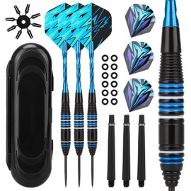 Darts Metal Tip Professional Set 23 g, Steel Darts Blue Colour Gradient, 3 Pieces Steel Darts with Steel Tip, 6 Dart Flight 12 O Rings Rubber 3 Additional Dart Shafts 8 Flight Protectors Dart