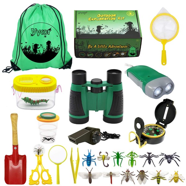 Vykor Outdoor Explorer Kit Toys Kids Adventure Kit for Children Bug Catcher Set 25PCS Explorer Accessories Kids Binoculars Toy Set Christmas Educational Gifts for Kids Nature Insect Lovers Toys
